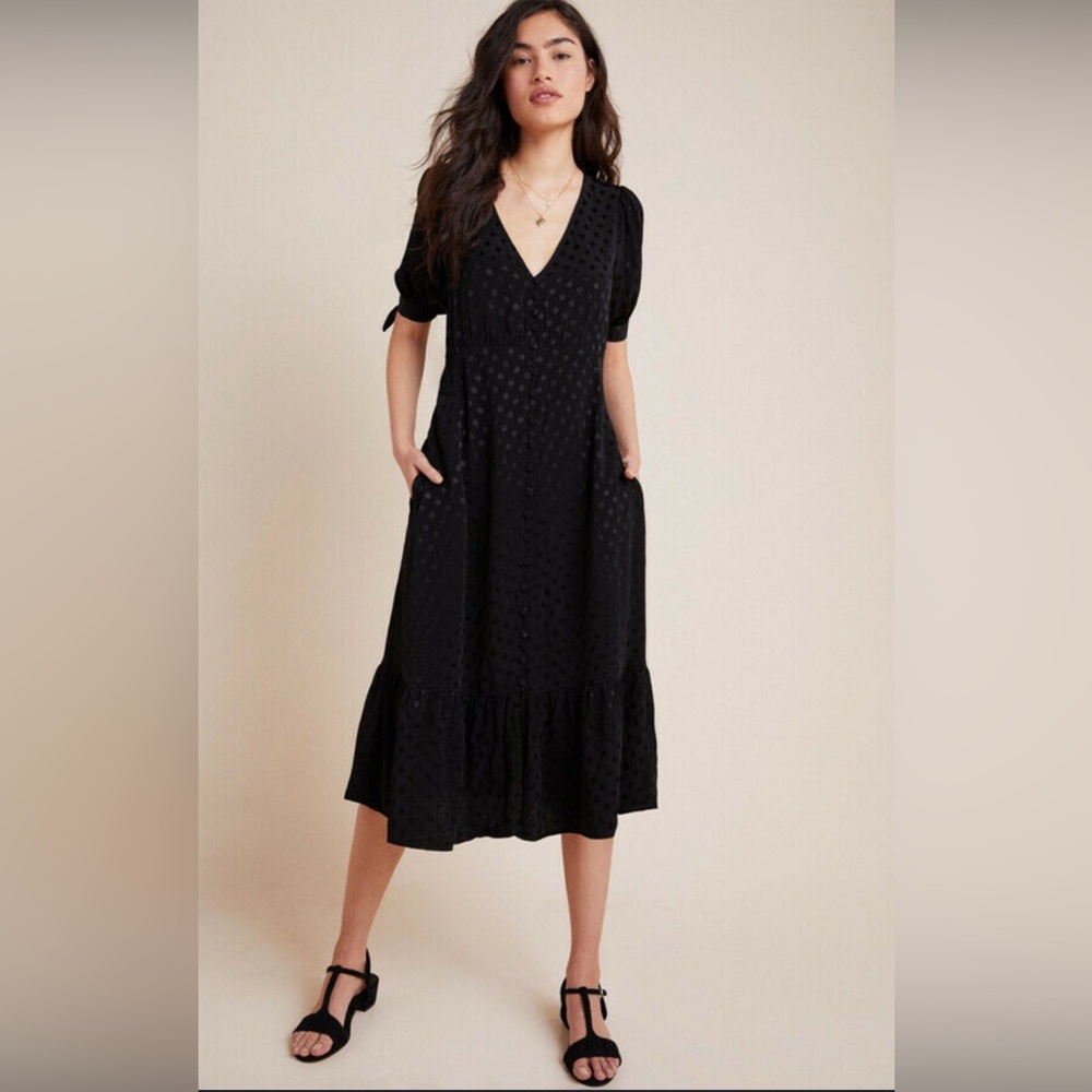 🖤 EUC Anthropologie Maeve Eudora Midi Dress Size 4 Color Black Dot 🖤